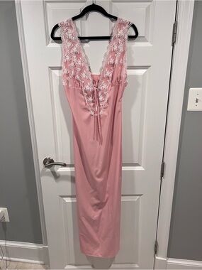 Pink Maxi Dress with White Lace Trim